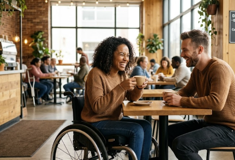 A happy couple chatting over coffee in an accessible cafe, illustrating dating with a disability for Dating4Disabled