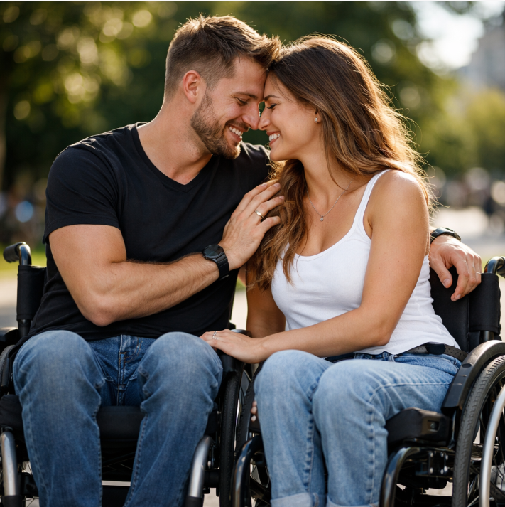 "A happy diverse couple enjoying a sunny date in a modern US city park, one partner using a wheelchair, representing the vibrant world of disabled dating and disabled singles dating through a disabled dating app."
