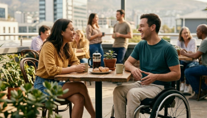 "A realistic and cheerful scene of a confident man in a wheelchair laughing during a date with a woman at an outdoor